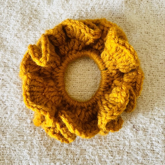 Crocheted Scrunchie Hair Tie, Mustard Yellow, 100% Acrylic, Handmade - Picture 1 of 1